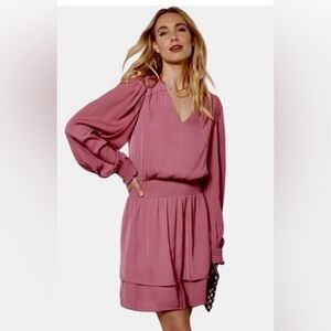 Evereve Shiloh Dusty Rose Long-Sleeve Smocked Waist V-Neck Dress, Medium